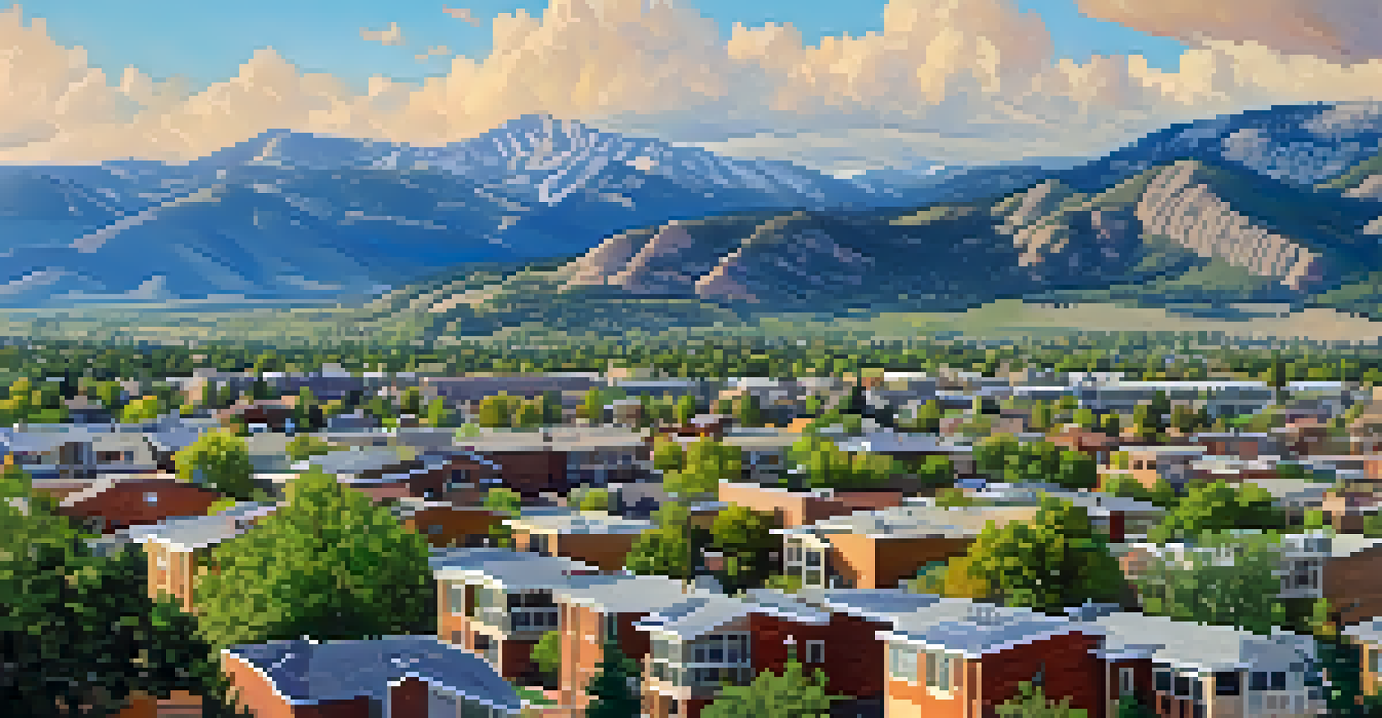 Aerial view of Boulder, Colorado, highlighting green rooftops, solar panels, and recycling bins with mountains in the background.