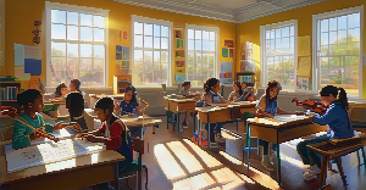 Students in a classroom learning math through music, surrounded by instruments and art supplies, with sunlight flooding the room.
