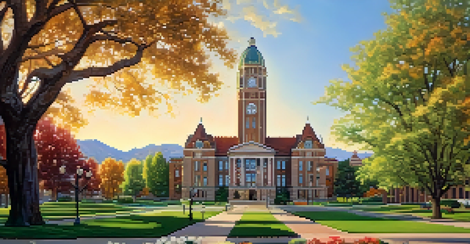 A beautiful architectural view of the Boulder County Courthouse with intricate stonework and a clock tower, surrounded by landscaped gardens during sunset.