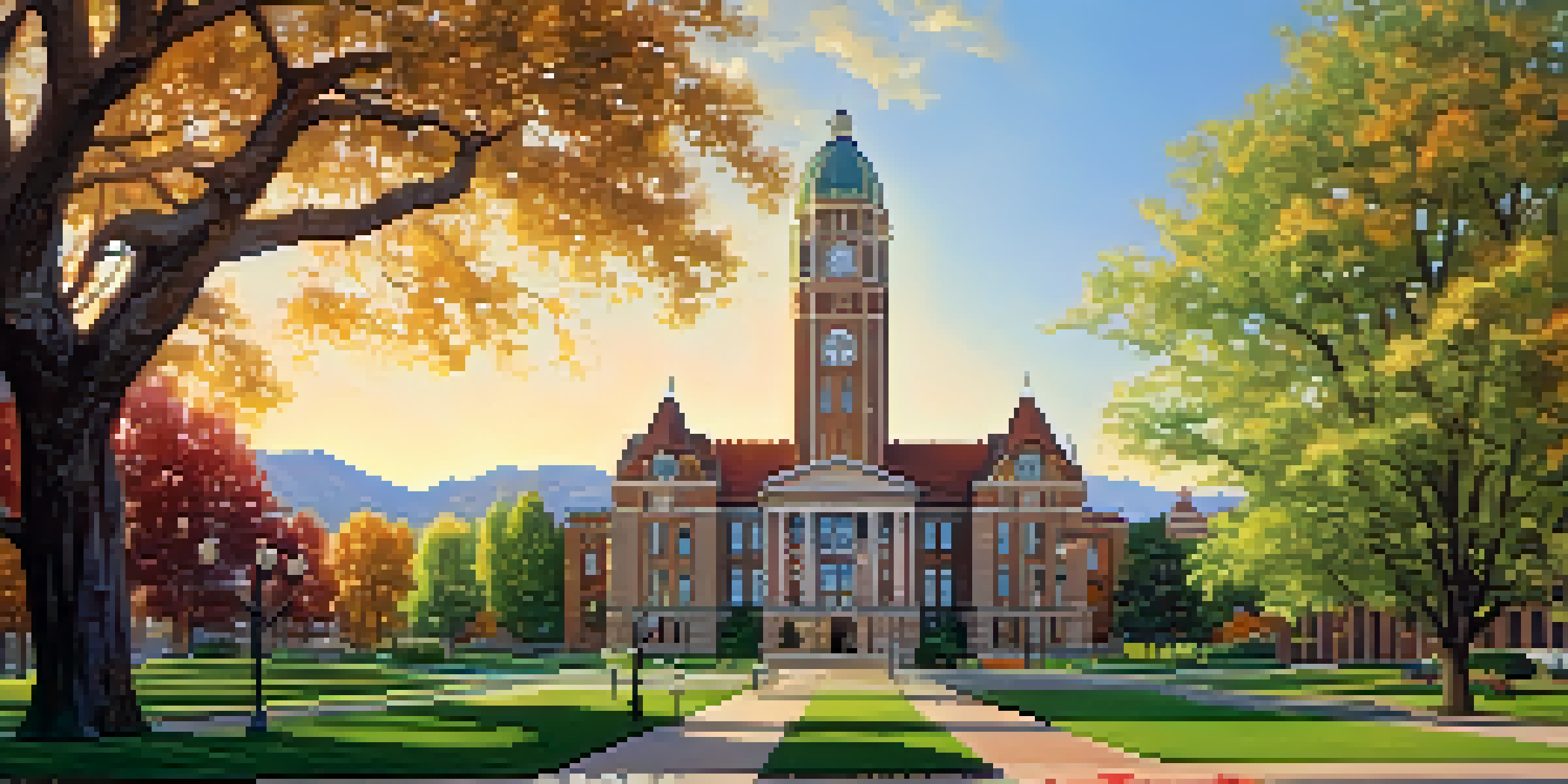 A beautiful architectural view of the Boulder County Courthouse with intricate stonework and a clock tower, surrounded by landscaped gardens during sunset.