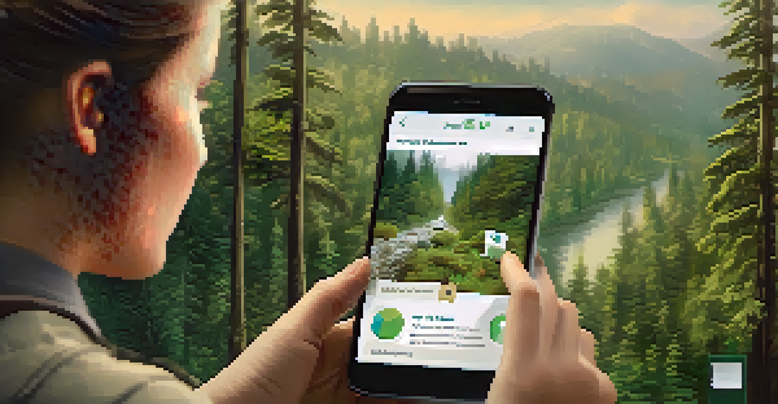 A smartphone showing a wildlife reporting app with a forest backdrop, and a person observing wildlife.