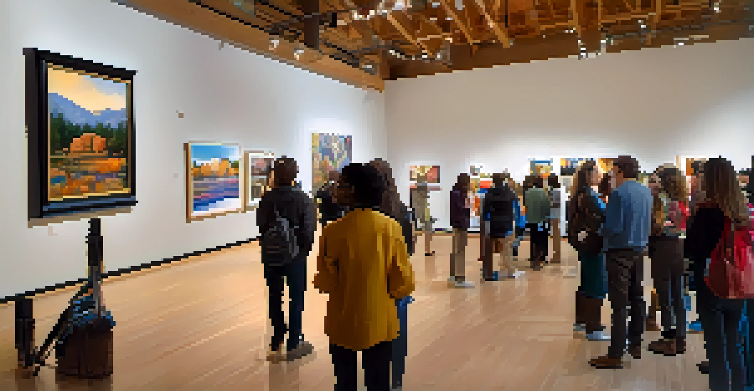 A cultural event at CU Boulder with an art exhibition, featuring vibrant artworks and students interacting in a warm, inspiring atmosphere.