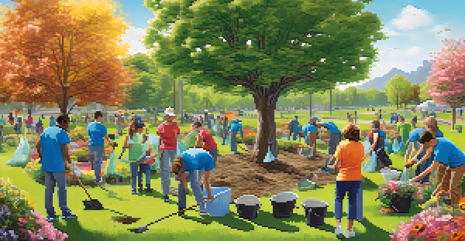 A community clean-up event in a park with people of various ages working together to pick up litter and plant trees.
