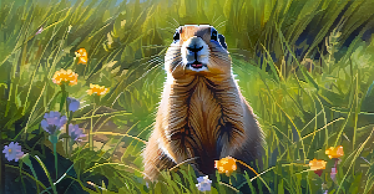 A close-up of a black-tailed prairie dog in its burrow, surrounded by green grass and flowers.