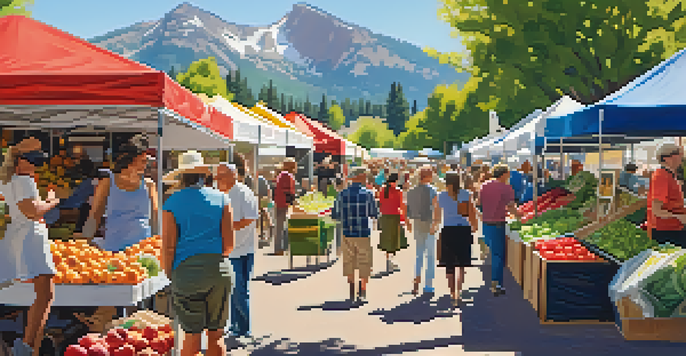 A lively farmers' market in Boulder with colorful stalls of fresh produce and handmade goods, set against the scenic backdrop of the Flatirons mountains.