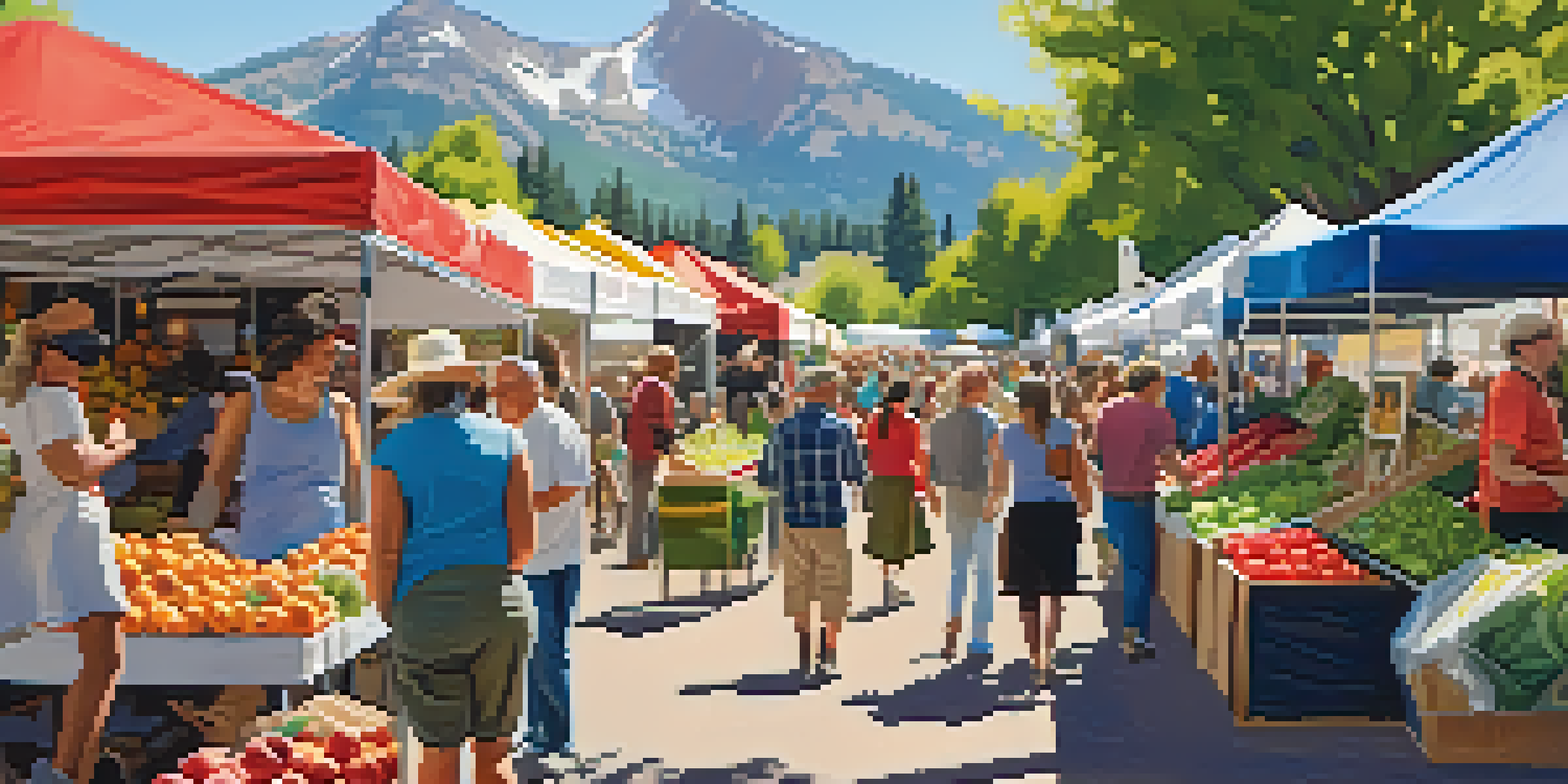 A lively farmers' market in Boulder with colorful stalls of fresh produce and handmade goods, set against the scenic backdrop of the Flatirons mountains.