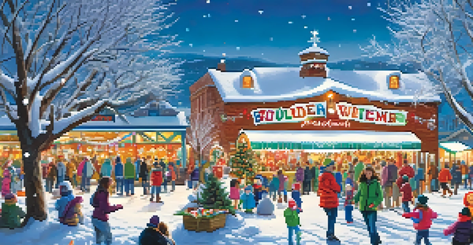 Families enjoying a snowy festival scene with ice sculptures, children building snowmen, and adults drinking hot cocoa, with festive decorations around.