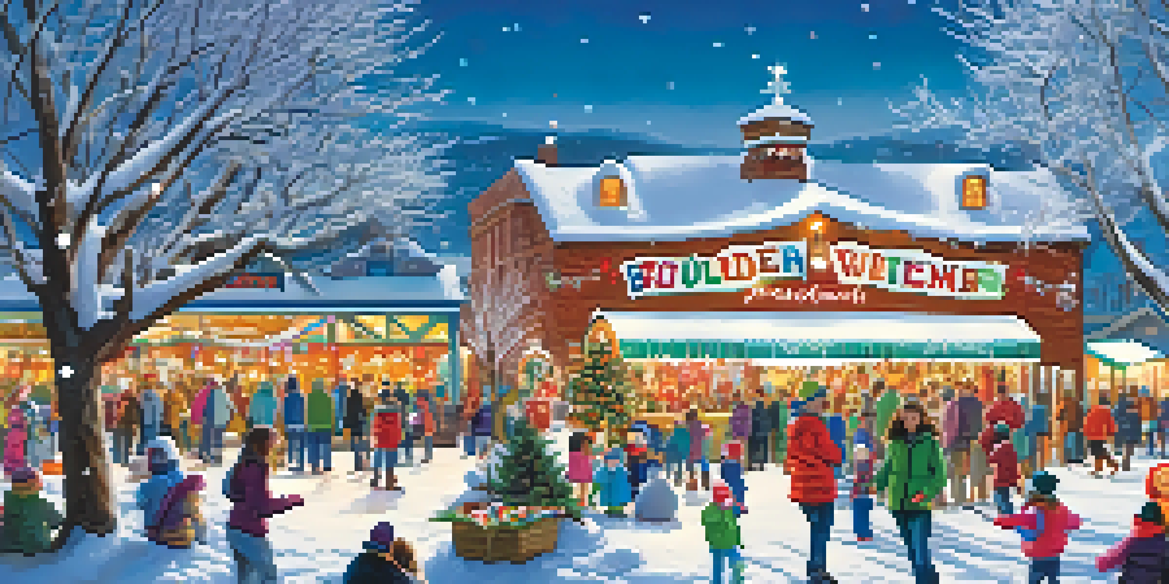 Families enjoying a snowy festival scene with ice sculptures, children building snowmen, and adults drinking hot cocoa, with festive decorations around.