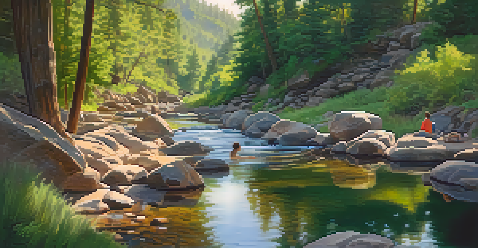 A hidden hot spring by a creek, with a person soaking in the water surrounded by lush greenery.