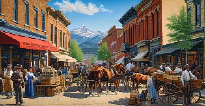 A lively street in 19th-century Boulder, showcasing merchants and miners in period attire, wooden storefronts, and horse-drawn carriages, with the Rocky Mountains in the background.