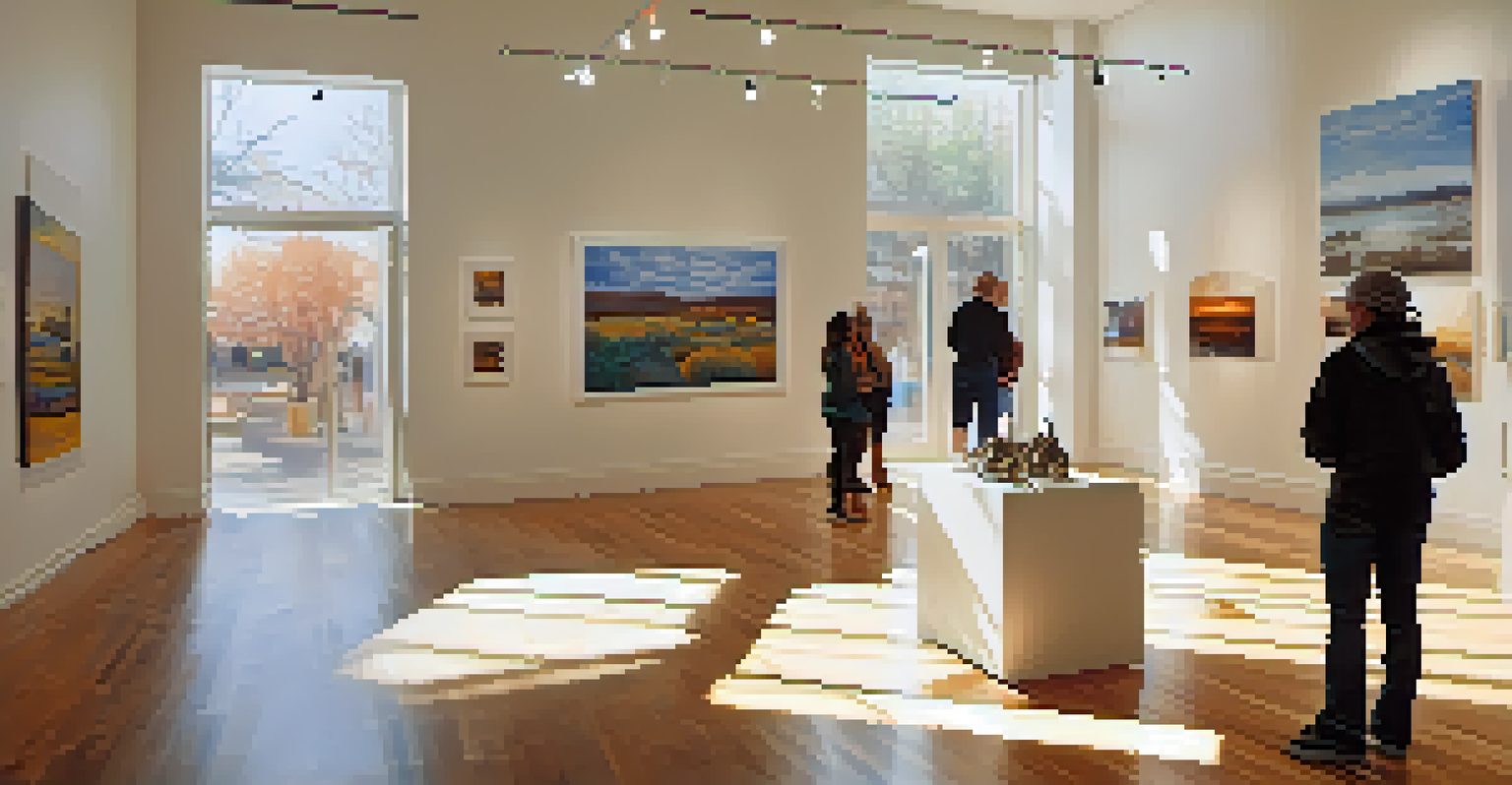 Interior of a local gallery in Boulder with contemporary artworks on display and visitors engaging in conversation under bright lighting.