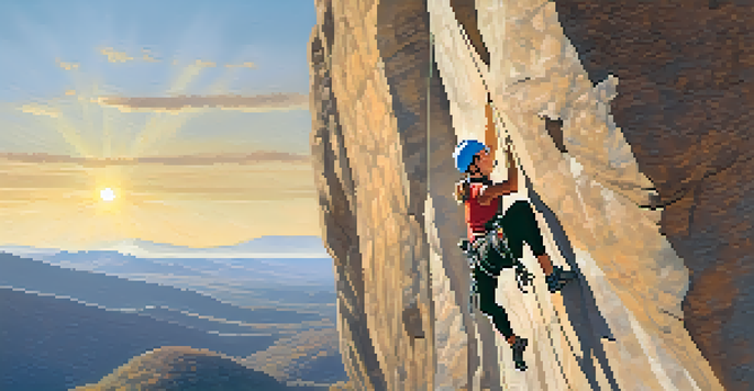 A woman rock climbing on a cliff with Boulder’s landscape in the background, highlighting her focus and determination.