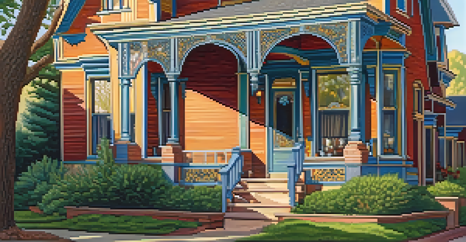 A close-up view of a restored Victorian home in Boulder with intricate details and a colorful garden under warm afternoon sunlight.