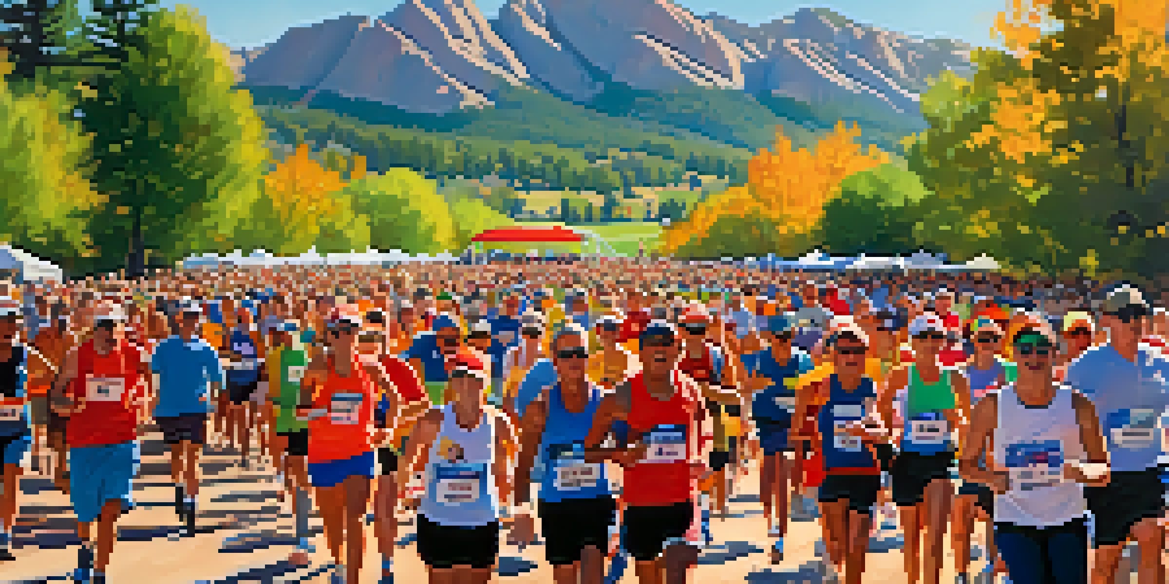 A lively marathon event in Boulder with athletes running and spectators cheering, set against the backdrop of the Flatirons mountains.