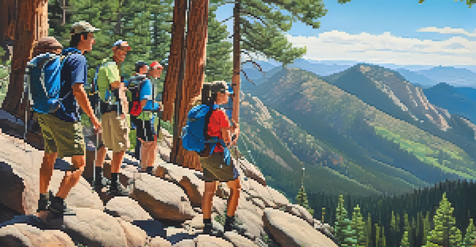 A diverse group of hikers on a rocky trail in Boulder, Colorado, surrounded by mountains and trees.