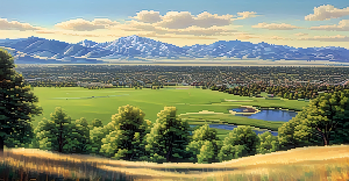 A scenic view of Boulder, Colorado, with parks and the Rocky Mountains under a sunny sky.