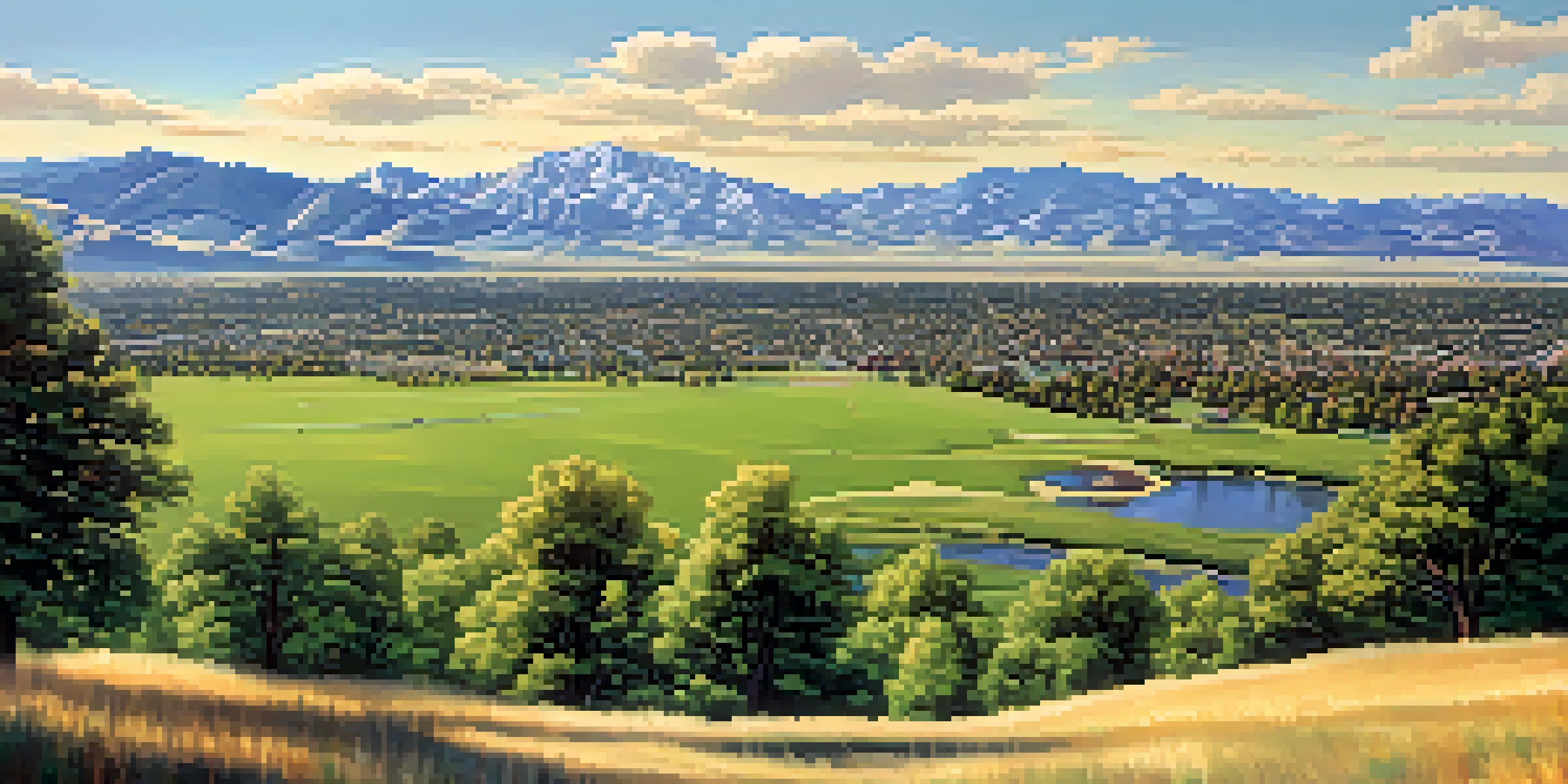A scenic view of Boulder, Colorado, with parks and the Rocky Mountains under a sunny sky.