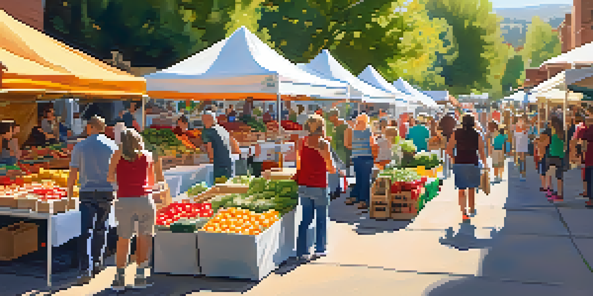 A lively farmers market with colorful stalls of fresh produce, smiling vendors, and people enjoying the atmosphere under sunny skies.