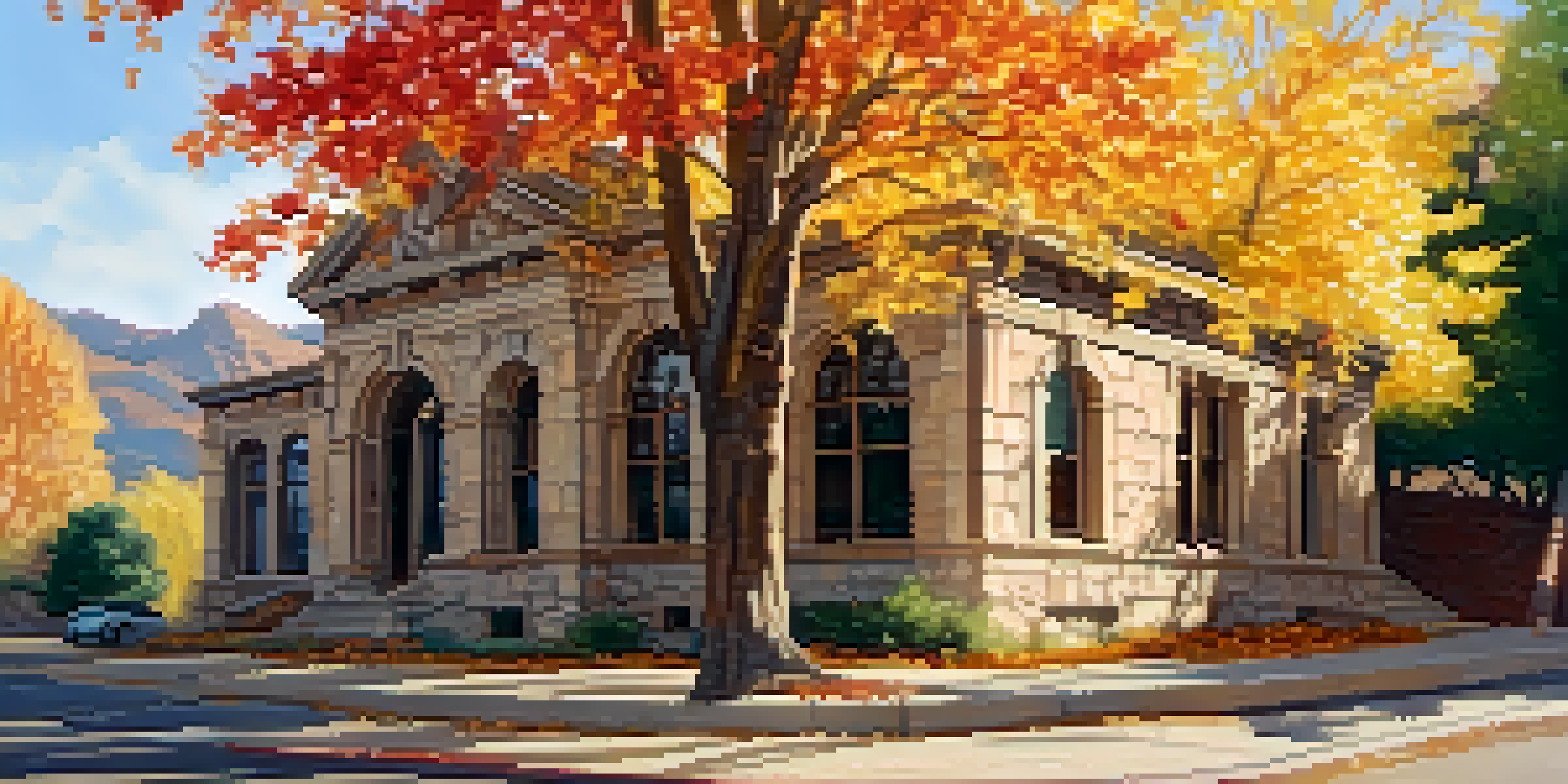A historic building in Boulder, Colorado, surrounded by colorful autumn leaves and soft sunlight.