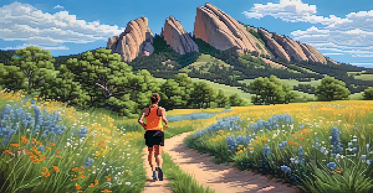 A runner on a scenic trail with wildflowers and iconic rock formations in the background.