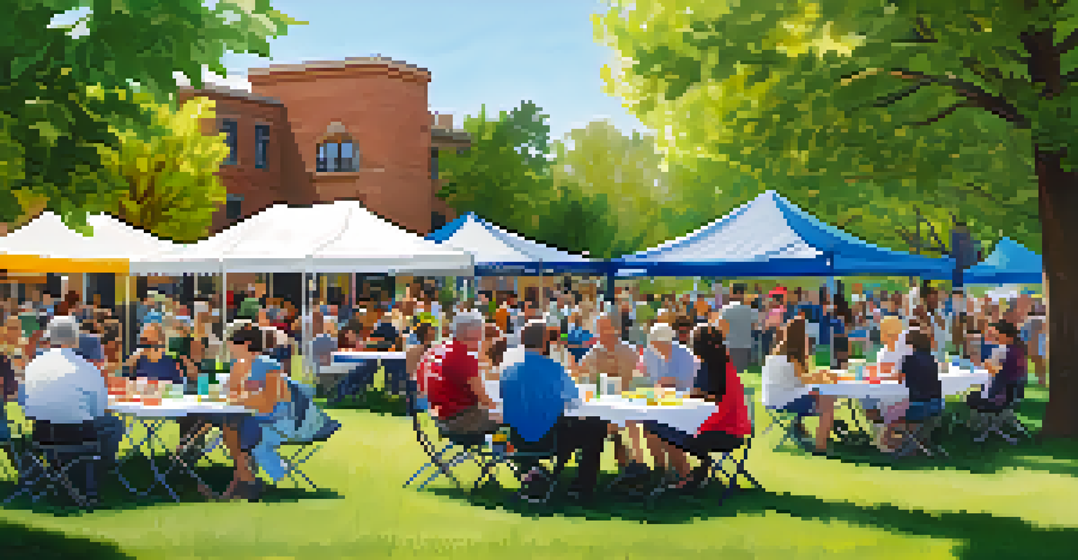 A community event in Boulder with residents participating in a preservation workshop outdoors, surrounded by colorful banners.