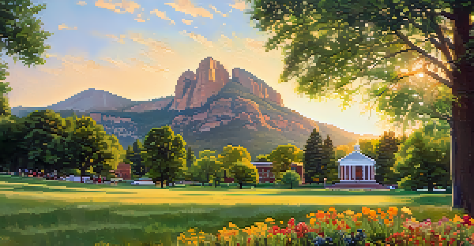 A picturesque view of Chautauqua Park, highlighting the Chautauqua Auditorium and the Flatirons, with families enjoying the outdoor space amid blooming flowers.
