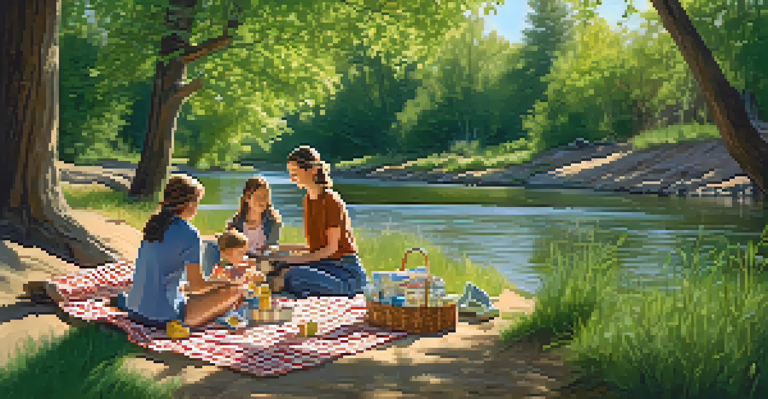 A happy family having a picnic by the creek, surrounded by trees and enjoying a sunny day outdoors.