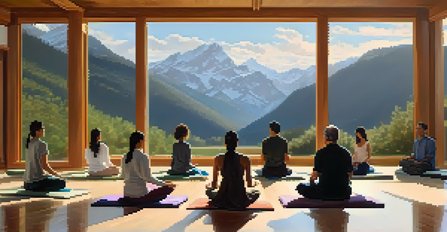 A group of individuals meditating on cushions in a sunlit Zen center, with a view of mountains through large windows.