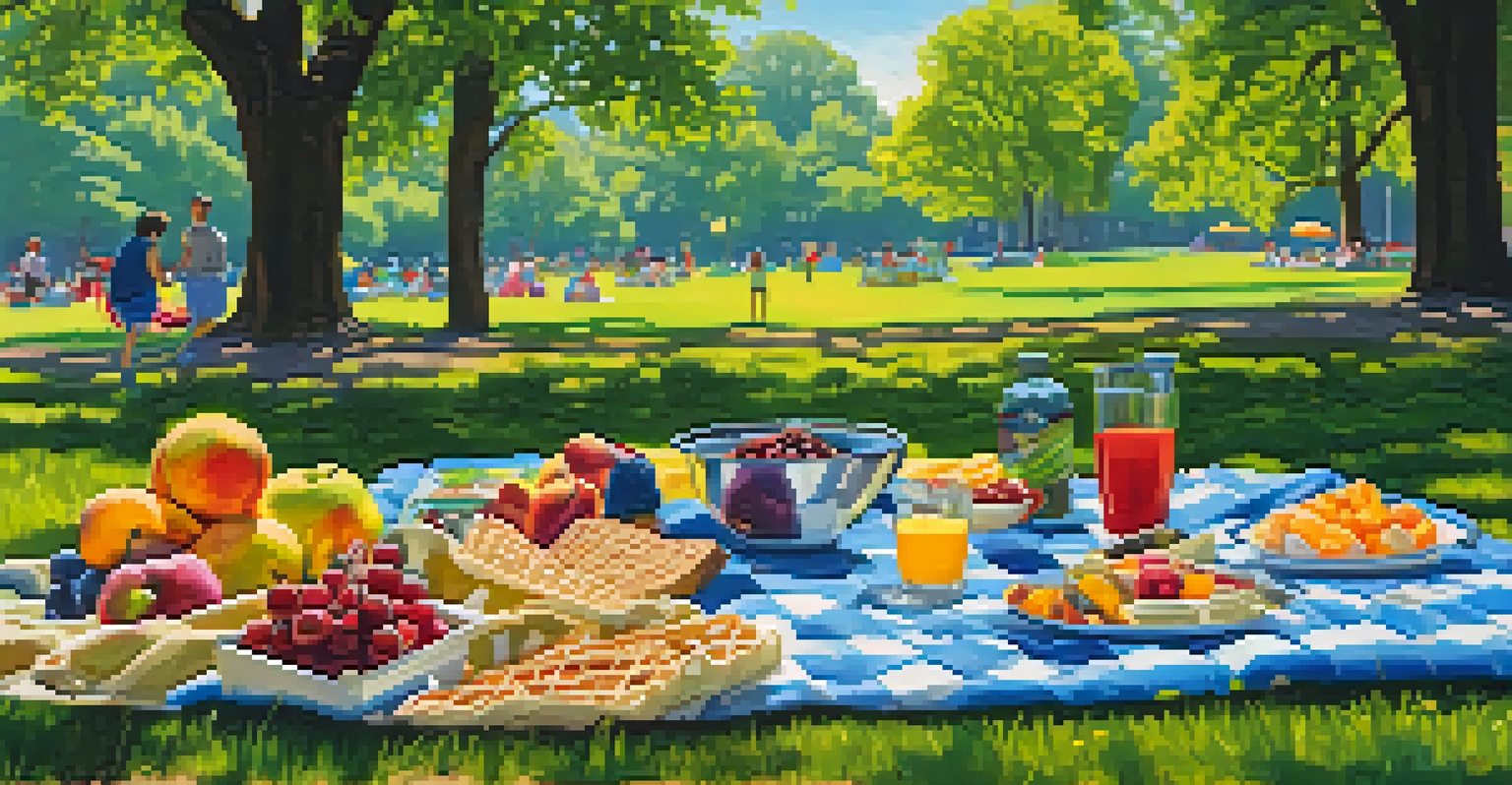 A family enjoying a picnic with snacks on a blanket in a park, surrounded by children playing frisbee.