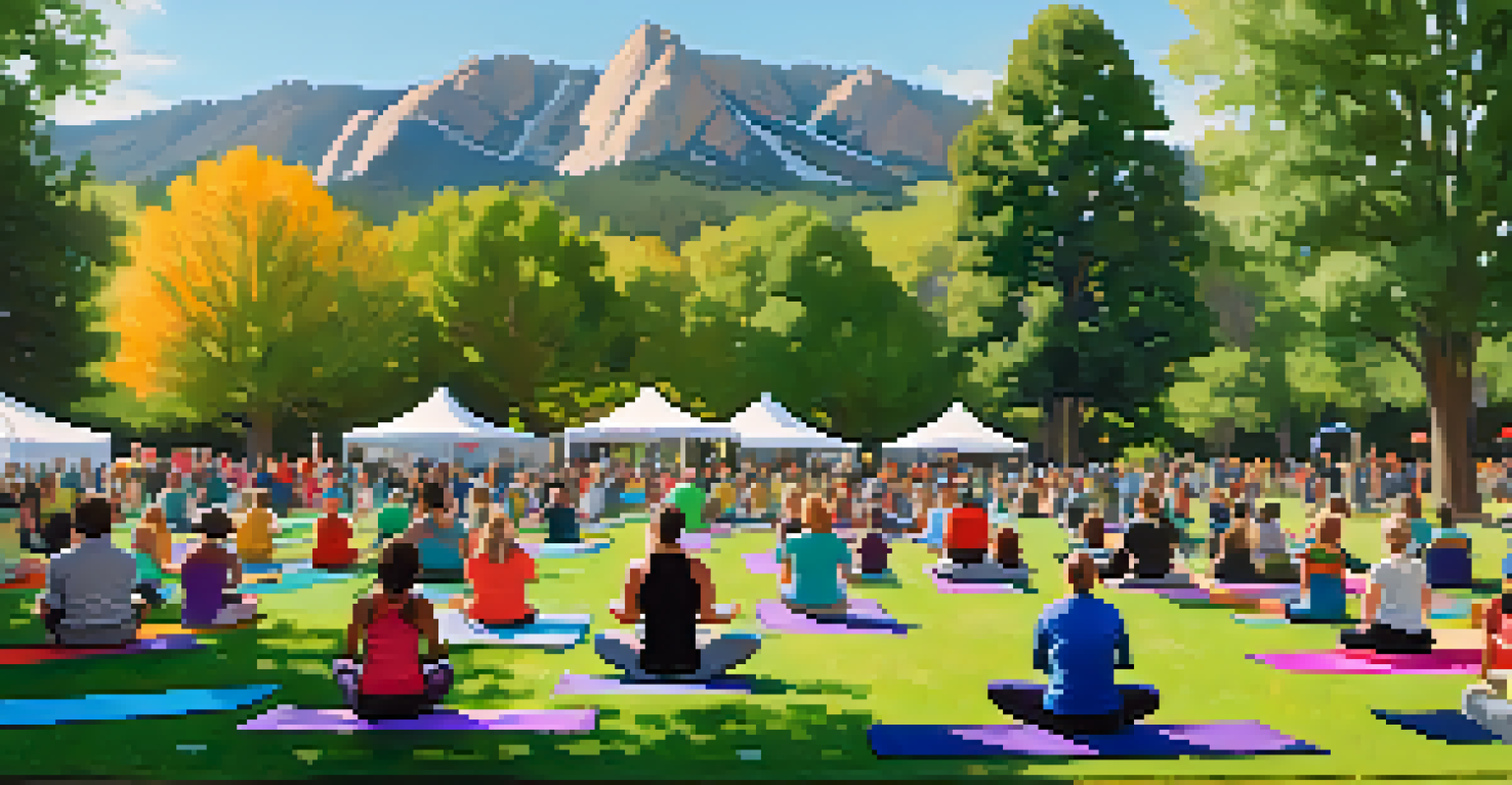 Families participating in an outdoor yoga session in a park in Boulder, with mountains in the background and colorful mats on the grass.