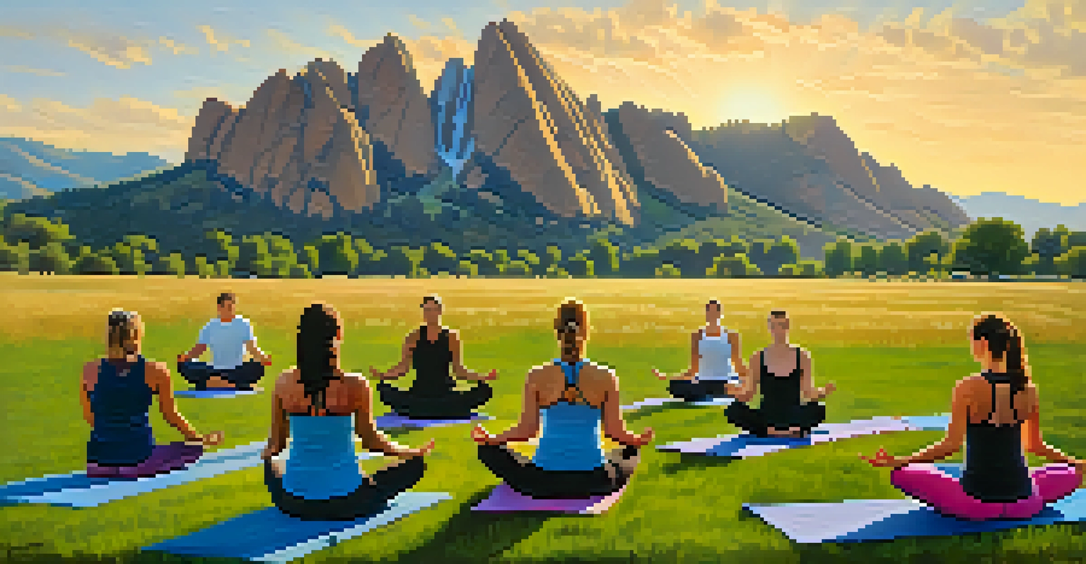 A group of people practicing yoga on a hillside in Boulder, Colorado, with the Flatirons mountains in the background during sunrise.