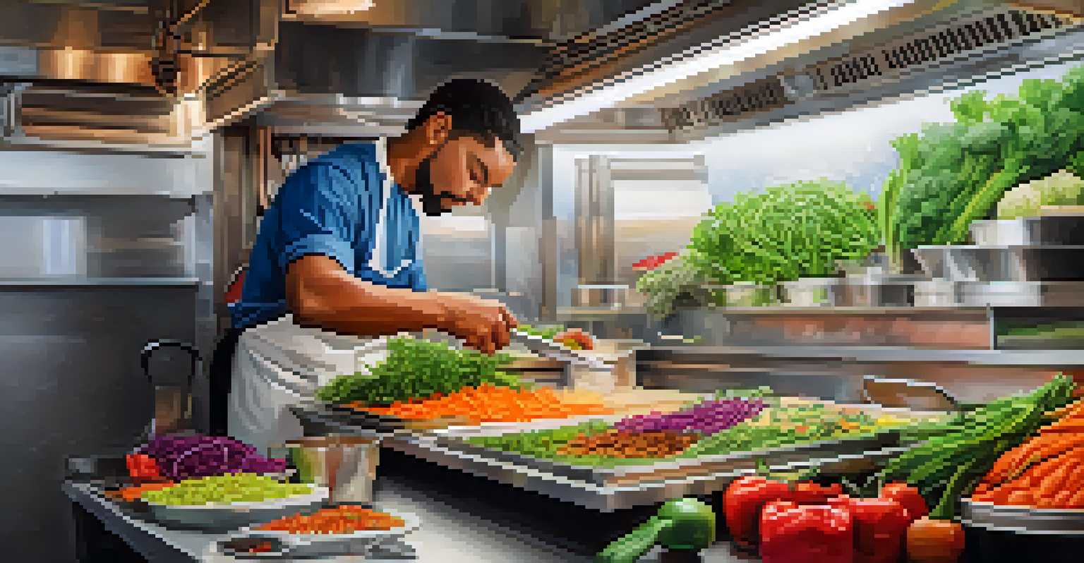 A chef preparing a plant-based dish inside a colorful food truck kitchen, showcasing fresh vegetables and a welcoming environment.