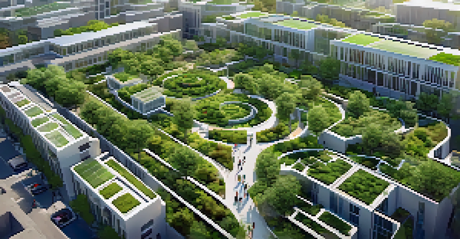 A bird's eye view of a sustainable urban area with green roofs, solar energy, and community gardens.