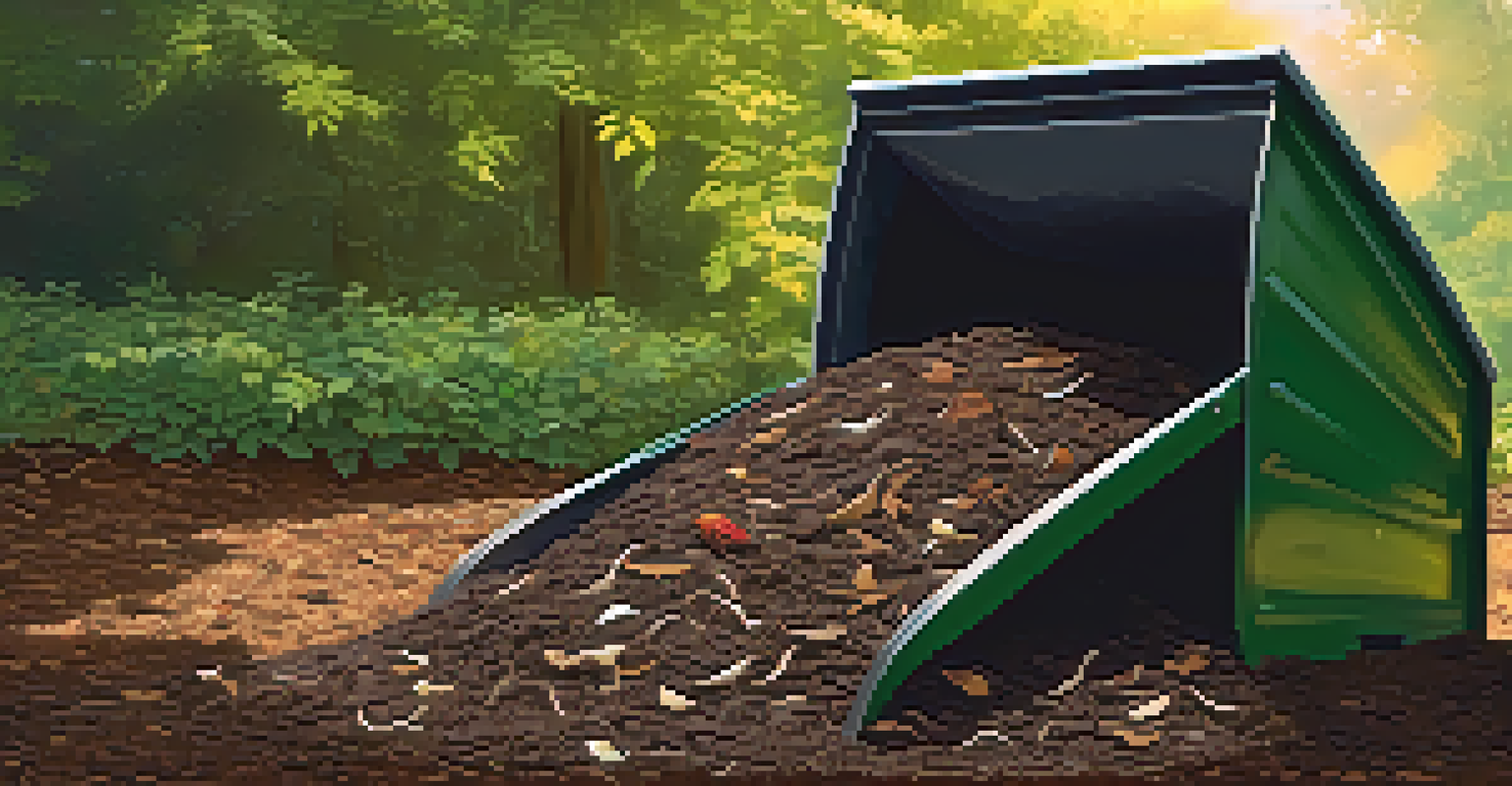 A close-up of a composting bin filled with dark, rich compost made from organic waste, surrounded by green plants.
