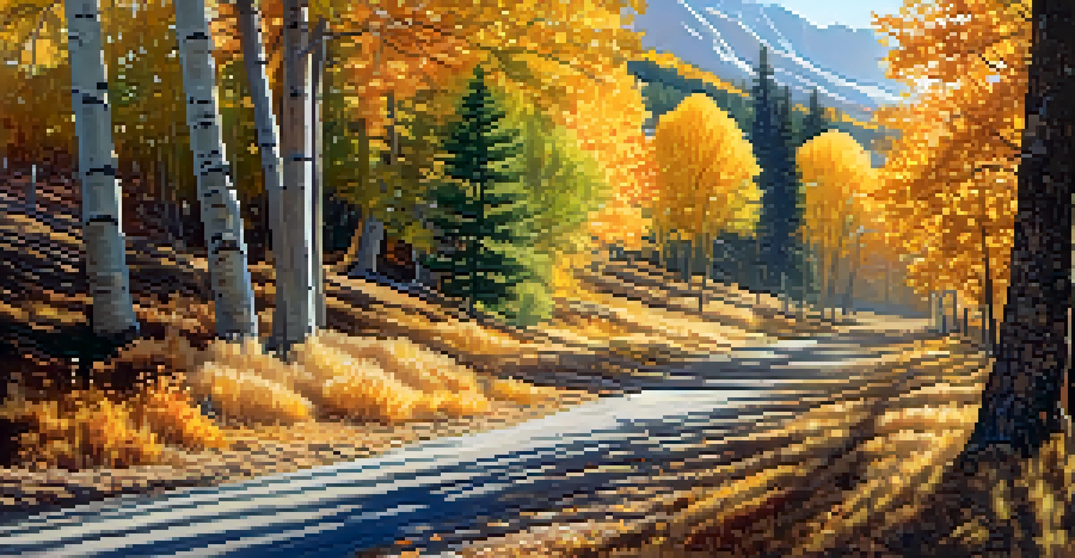 An autumn trail in Boulder, Colorado, lined with trees in vibrant fall colors, with the Rocky Mountains in the background dusted with snow.