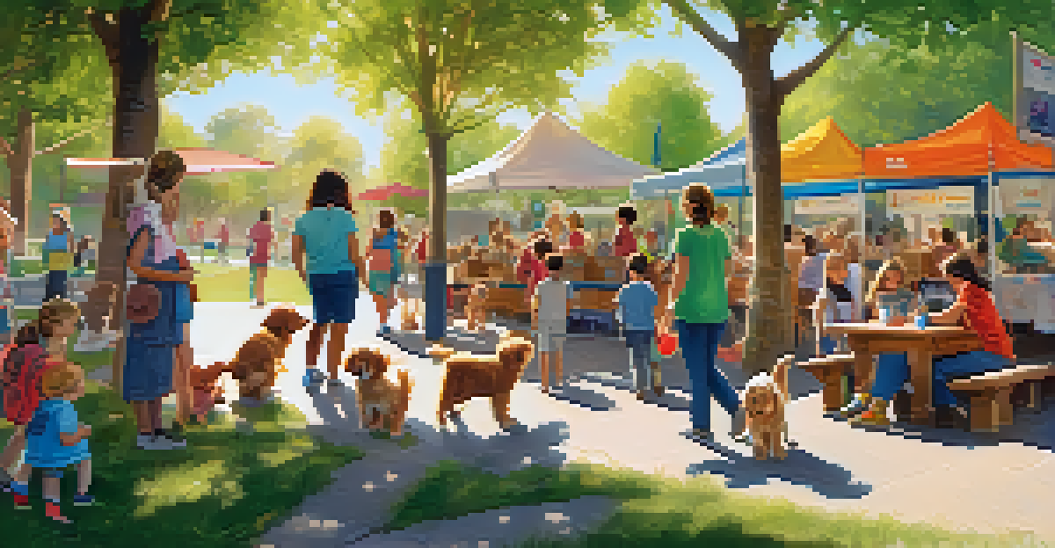 A heartwarming pet adoption day in a park with families interacting with puppies and kittens, surrounded by booths and colorful banners.