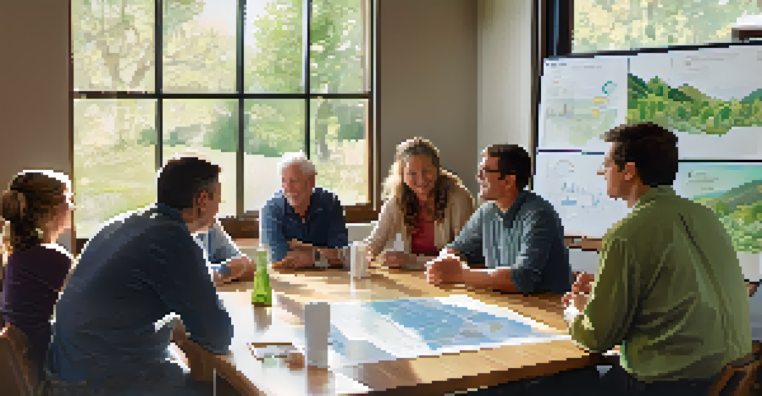 A community meeting in Boulder discussing renewable energy, featuring diverse individuals and sustainability charts.
