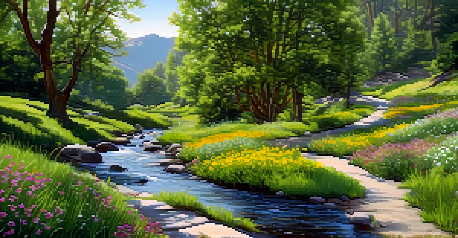 A picturesque trail along Boulder Creek, with greenery, wildflowers, and hikers enjoying the peaceful surroundings.