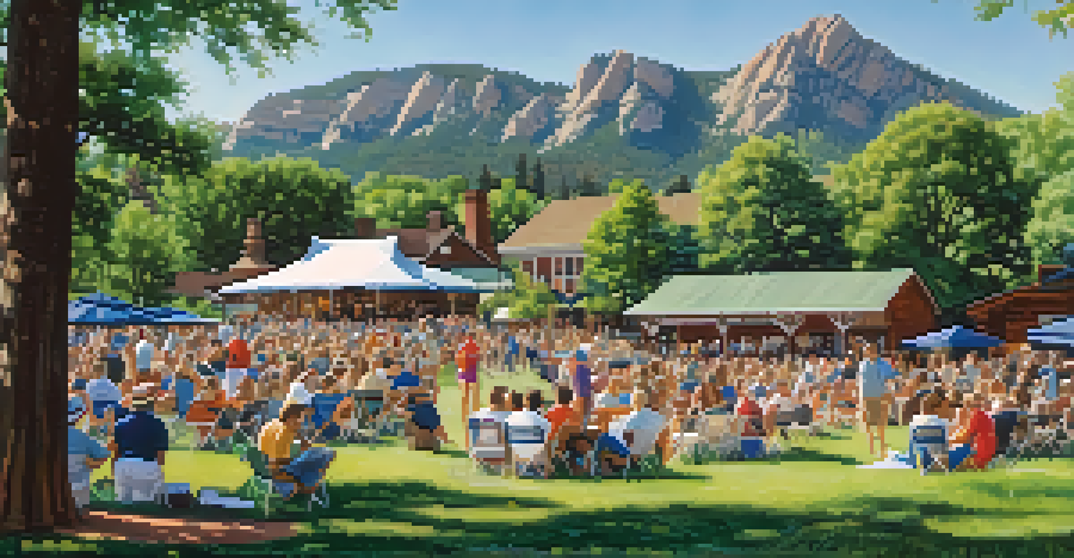 Rustic cottages at Chautauqua with views of the Flatirons, people enjoying outdoor activities, and the historic auditorium in sight.