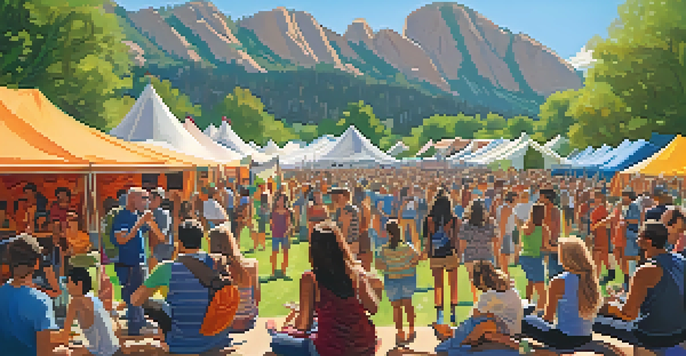 A lively outdoor music festival in Boulder, Colorado, featuring a diverse crowd enjoying performances against the backdrop of the Flatirons.