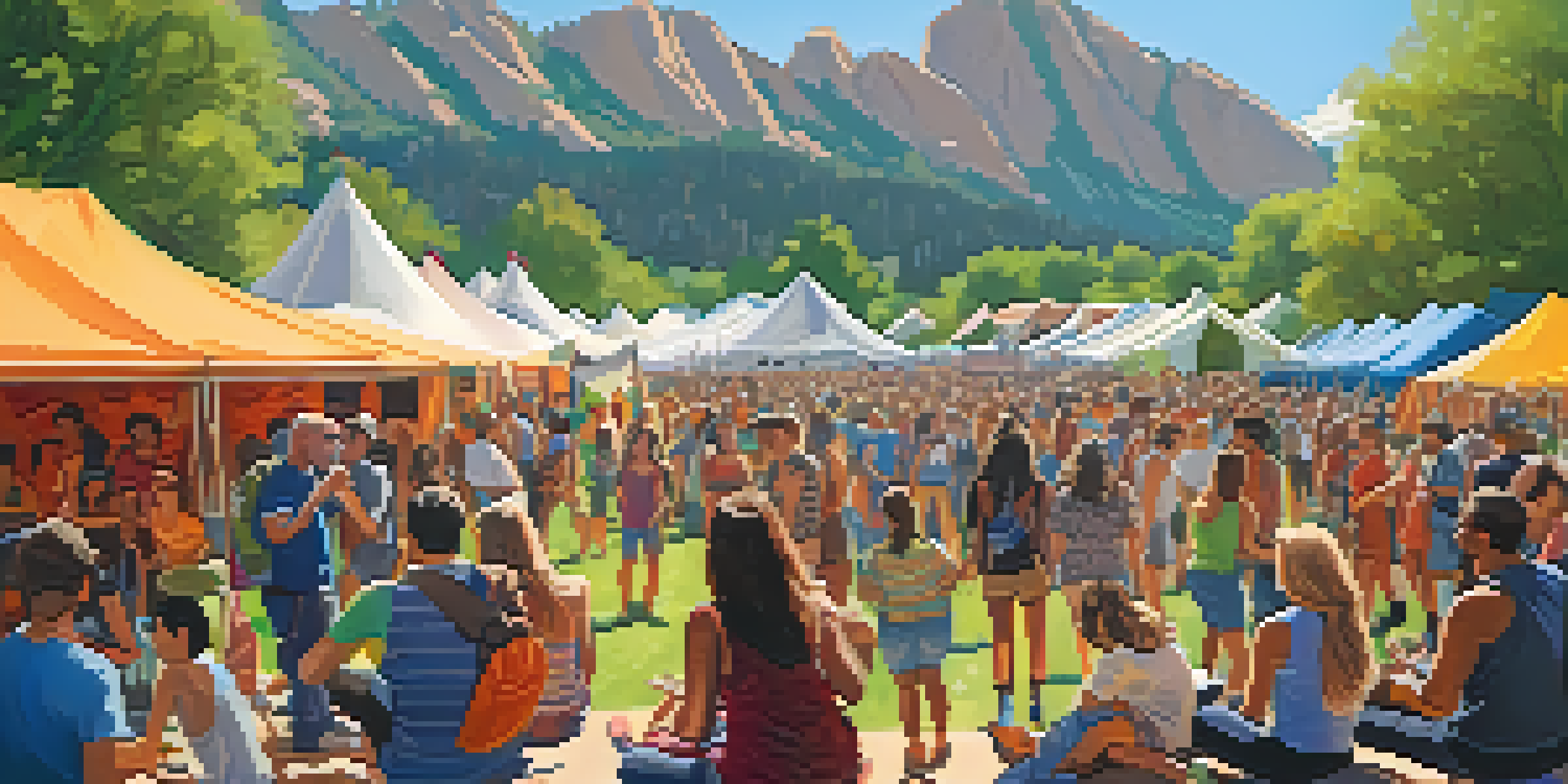 A lively outdoor music festival in Boulder, Colorado, featuring a diverse crowd enjoying performances against the backdrop of the Flatirons.