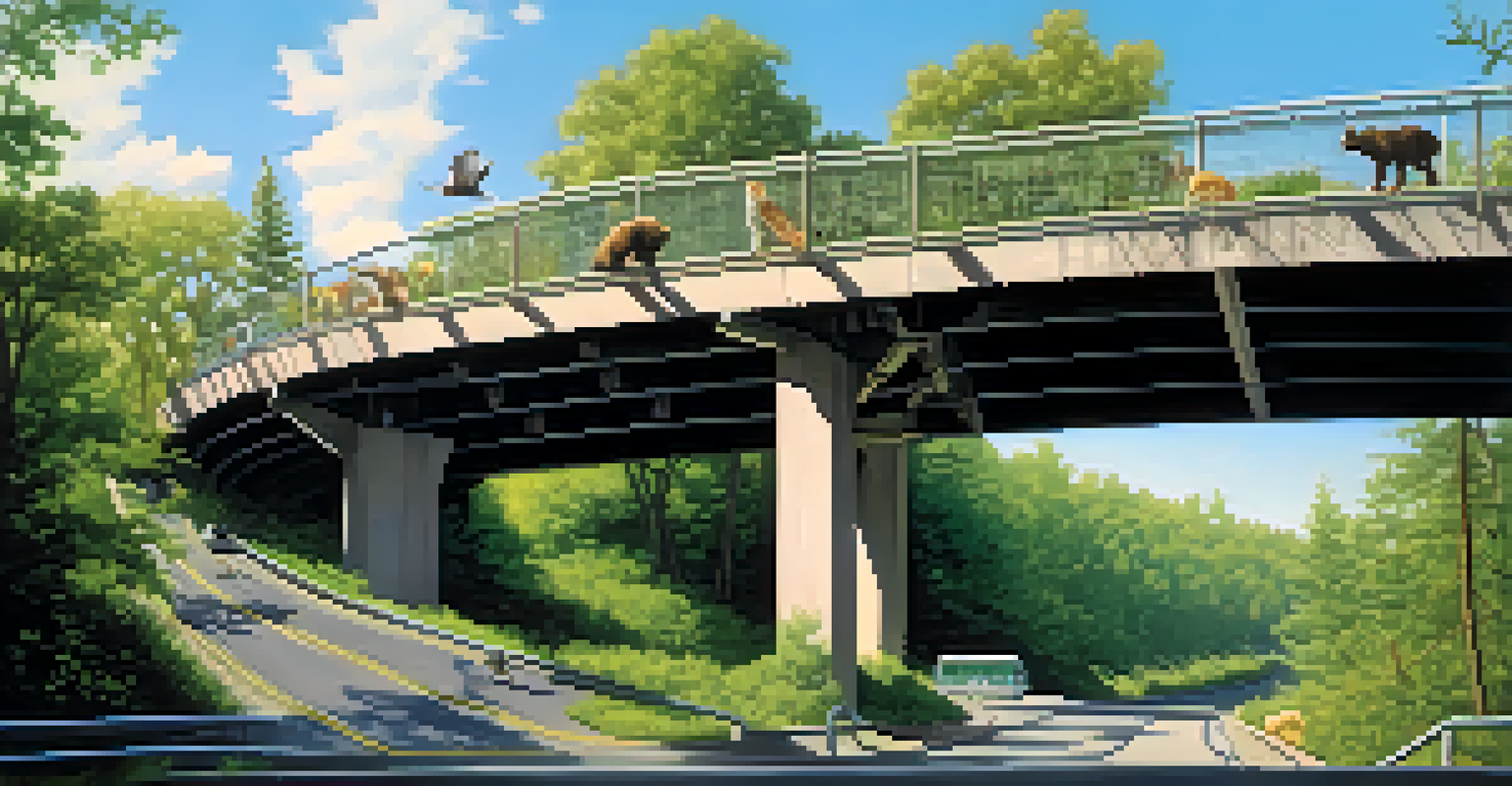 A wildlife overpass in an urban area, connecting two forested regions with greenery, allowing safe animal passage across a busy road.
