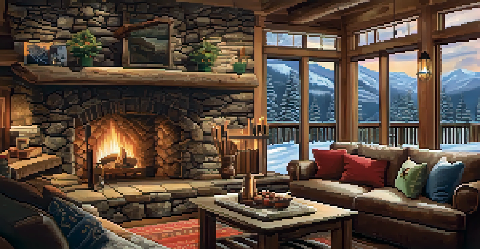 A cozy mountain lodge interior with a fireplace, friends enjoying hot cocoa, and a warm atmosphere.