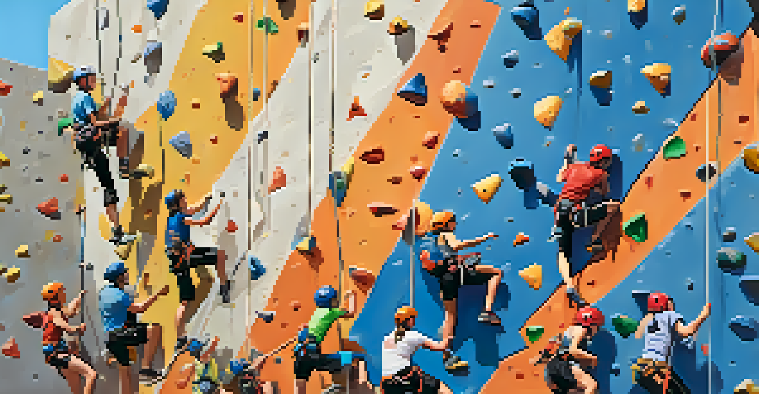 Young climbers competing at the Youth Climbing Championships with supportive parents and coaches in the background.