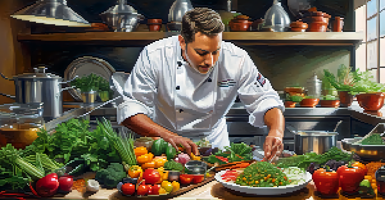 A chef in a bright Boulder kitchen plating a unique dish with fresh local ingredients, showcasing the colors and creativity of the meal.