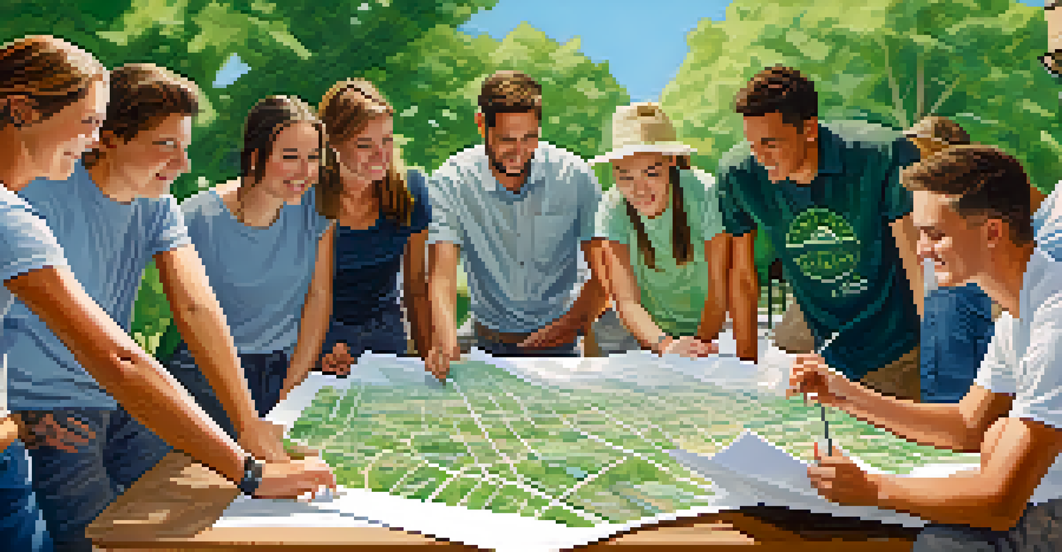 Students engaged in a sustainable urban development project outdoors, analyzing blueprints with trees and blue sky in the background, representing community-focused research.