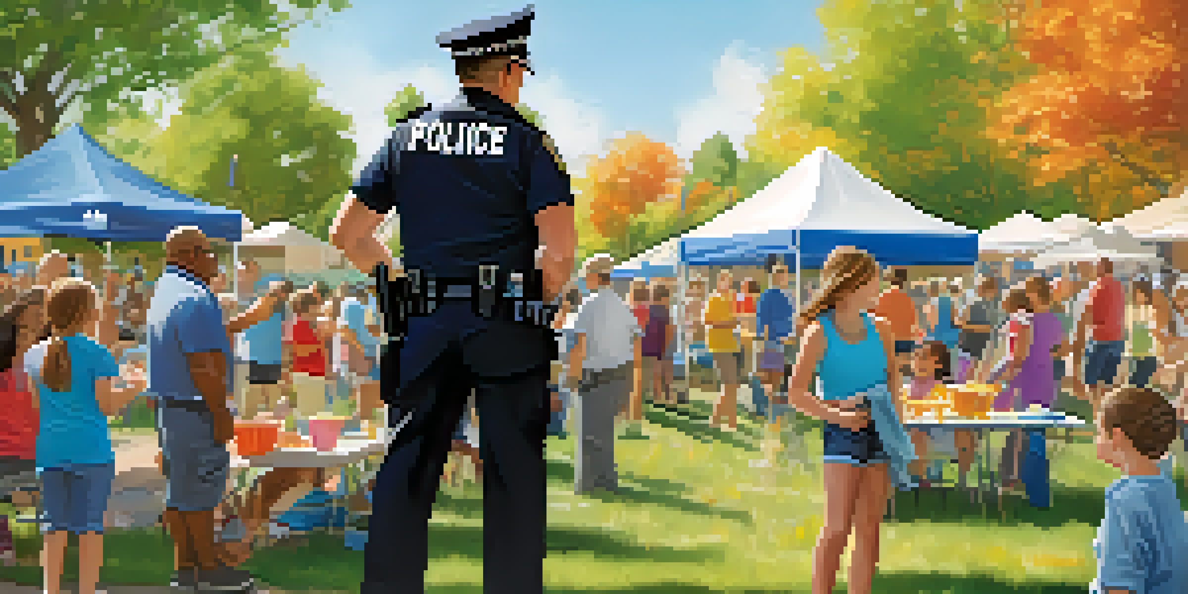 A police officer engaging with community members at a park event, surrounded by families and colorful decorations.