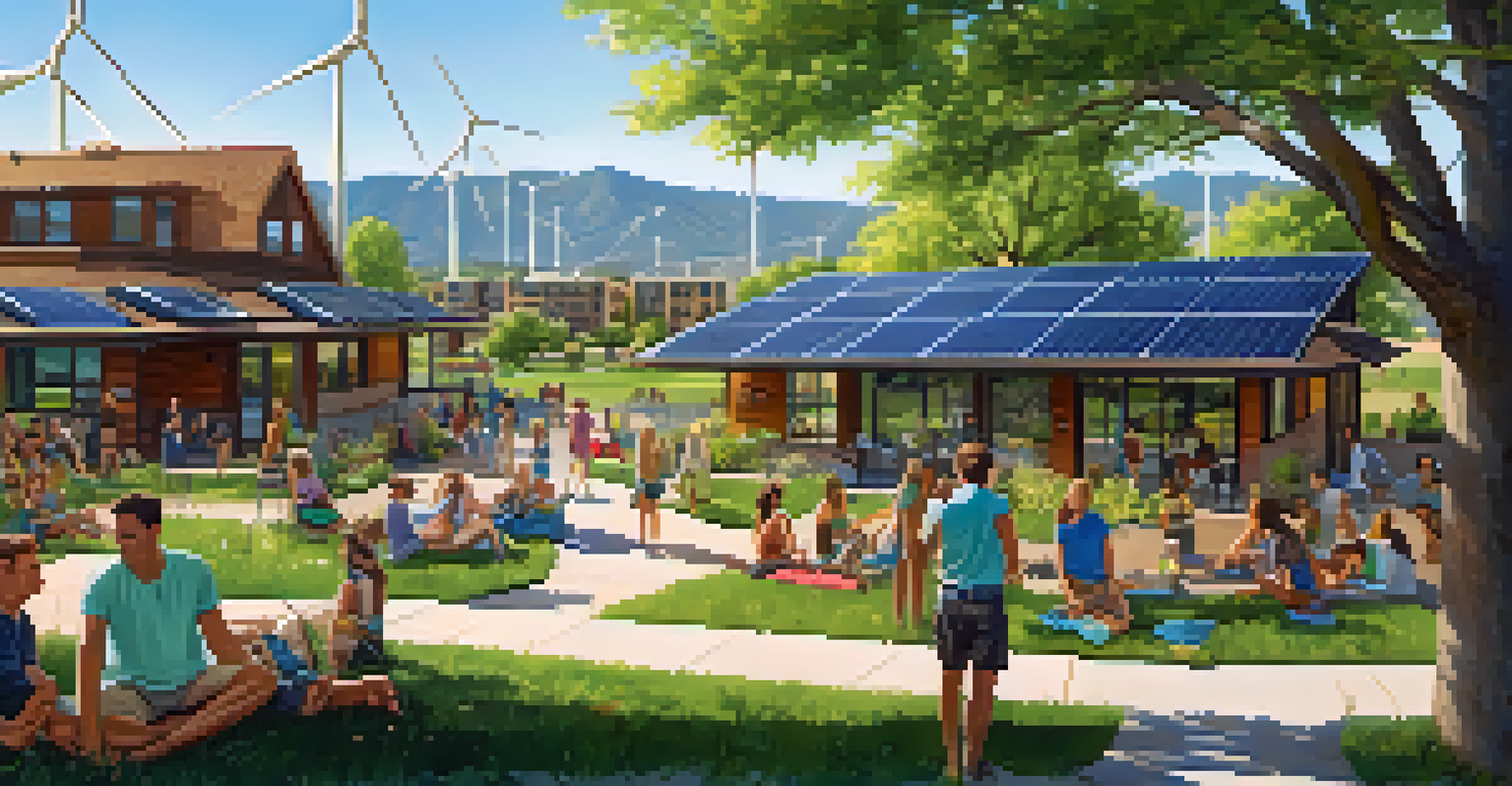 A wide view of Boulder, Colorado, with solar panels on rooftops and wind turbines, surrounded by green parks and people enjoying outdoor activities.
