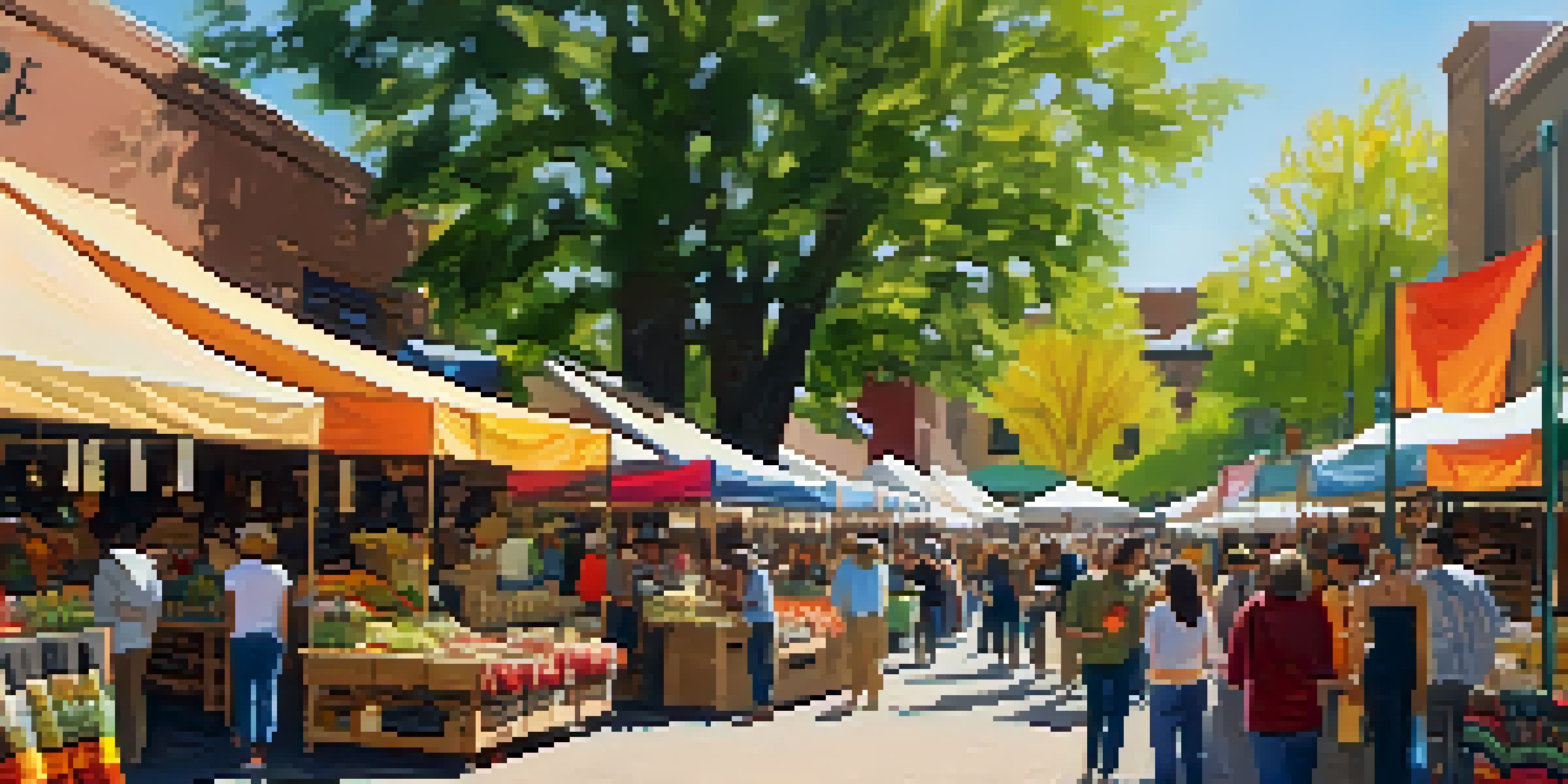 A lively market scene in Boulder with colorful stalls selling fair trade products and people interacting.