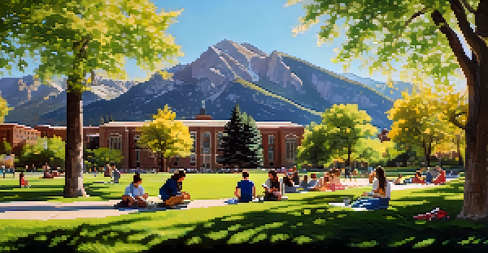 Students studying outdoors on the CU Boulder campus with mountains in the background and blooming flowers around them.